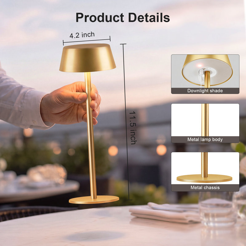 Ensemble de 2 lampes de table rechargeables sans fil 3 couleurs, à commande tactile, pour une utilisation intérieure ou extérieure, pour le dîner, le restaurant, la chambre à coucher, le jardin (or)