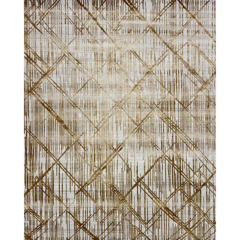 Tapis naturel et doré de haute qualité noué à la main, Hache rectangulaire 6 pi 9 pi