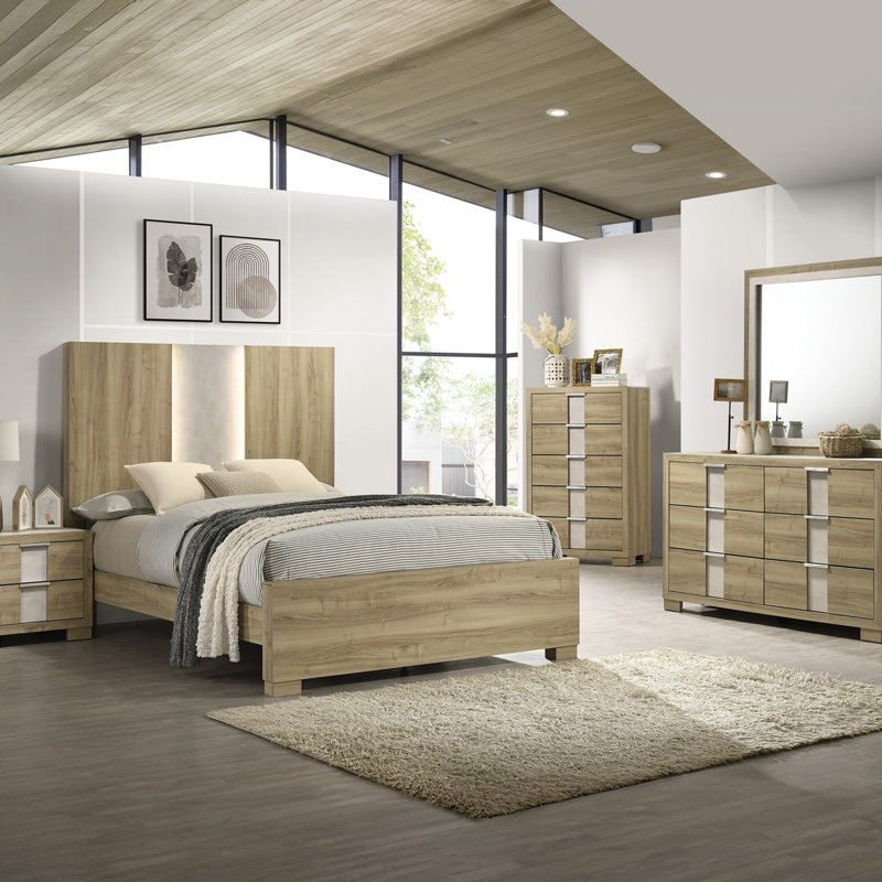 Lit à panneau 1pc contemporain avec éclairage intégré bois flotté, Très grand lit 
