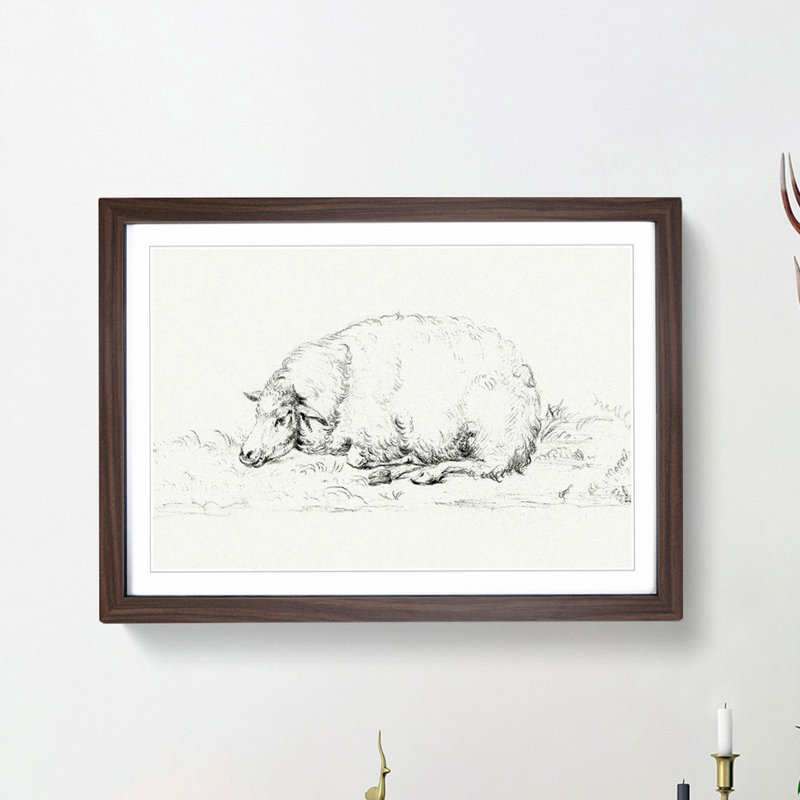 Resting Sheep by Jean Bernard - Picture Frame Drawing Print on MDF, 27cm H x 36cm W x 2cm D, Walnut Framed