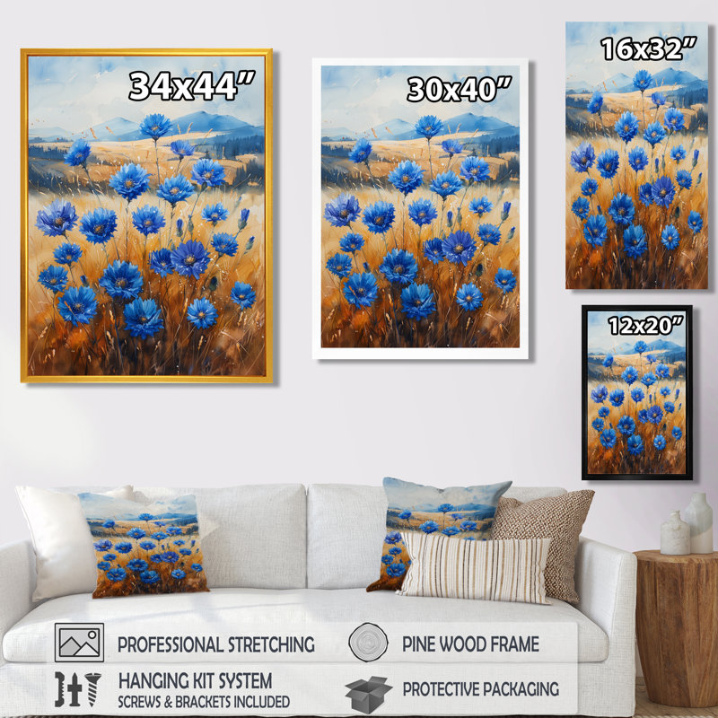  «Blue Beige Cornflowers Summer Breeze Meadow I - Décoration murale bleuets, H 32 po x l 16 po x P 1 po, Toile tendue