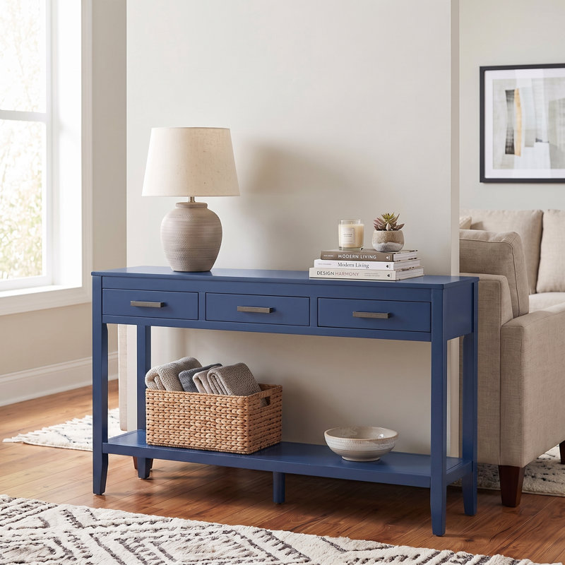 Console de style campagnard U-Style 59,1 pouces avec 3 tiroirs et tablette de rangement inférieure, Marine