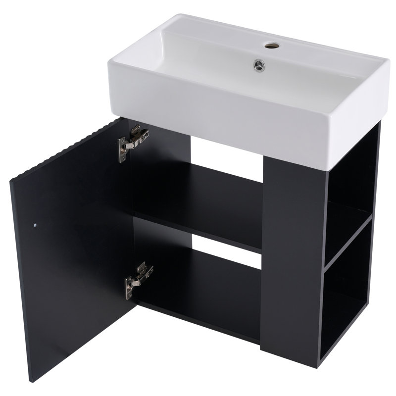 21.6 Inch Modern Floating Bathroom Vanity with Ceramic Basin, Space-Saving Design, Black/Gold