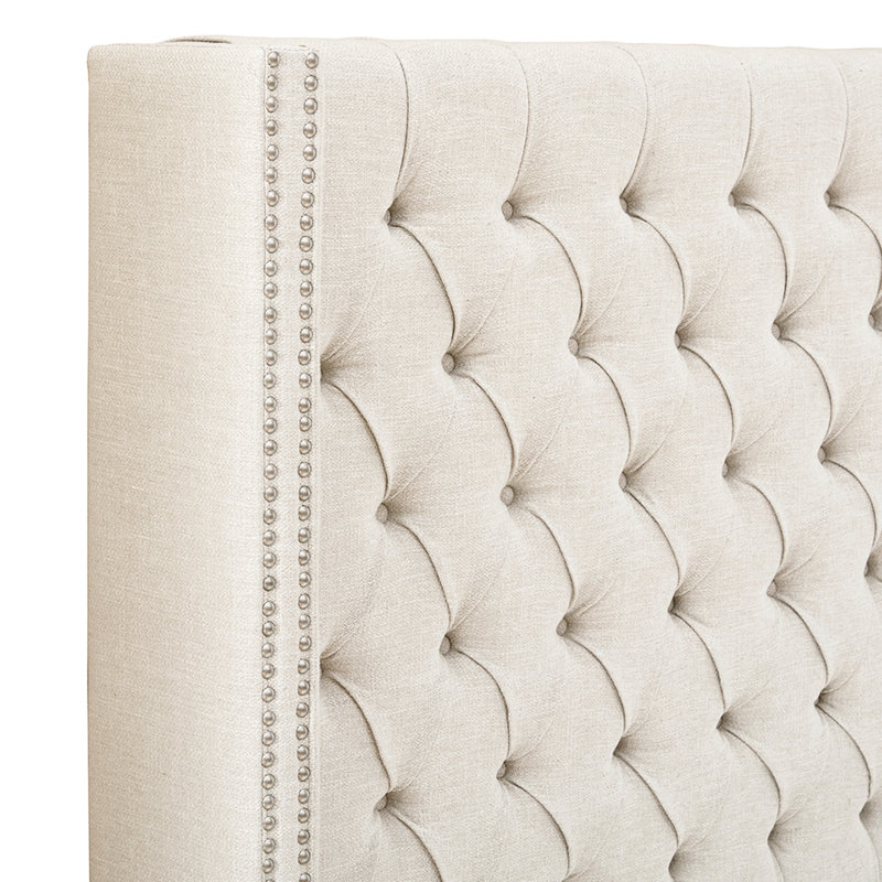 Upholstery Headboard With Button Tufting, Double Nailhead Trim, Adjustable Legs For Bedroom, Cream Upholstery, Queen Sized Bedroom Decor Metal Legs, Queen, Color Bed