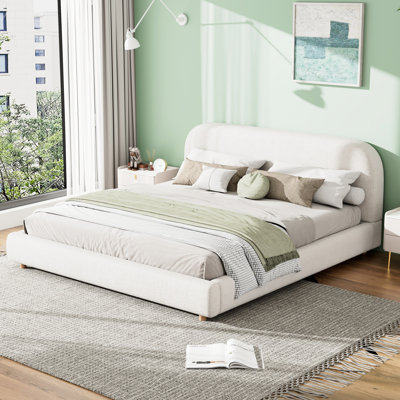 White King Size Bed With Boucle Fabric Upholstery, Curved - Shape Thick Headboard, Metal And Wooden Frame, Soft Foam For Relaxing, Solid Rubber Wood Legs, Simple Bedroom Installation Upholstered