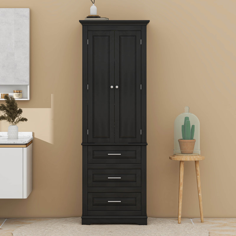 Tall Storage Cabinet With Three Drawers, Adjustable Shelves, Black