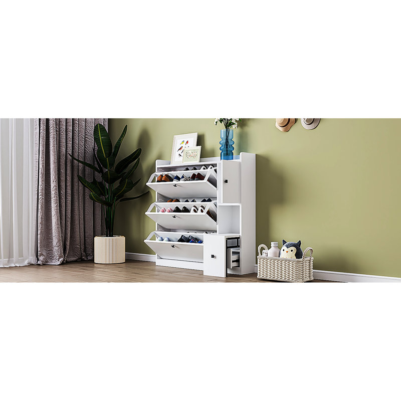 Space Shoe Rack With Pull-down Seat And 3 Drawer Containers, White Freestanding Cabinet Adjustable Drawers Seat,, White