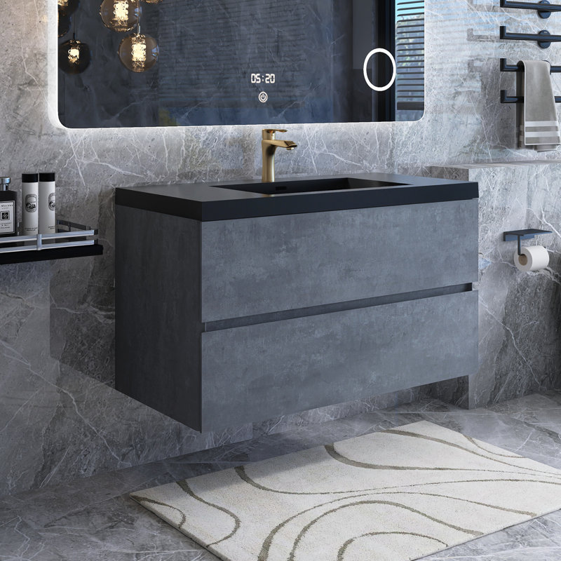 Ensemble de meuble-lavabo mural 48 po en contreplaqué gris avec lavabo à sable à quartz intégré