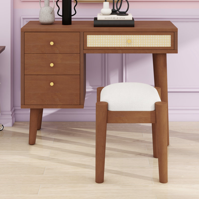 Bureau de coiffeuse d'inspiration rétro avec tiroir rectangulaire en rotin et prise de charge