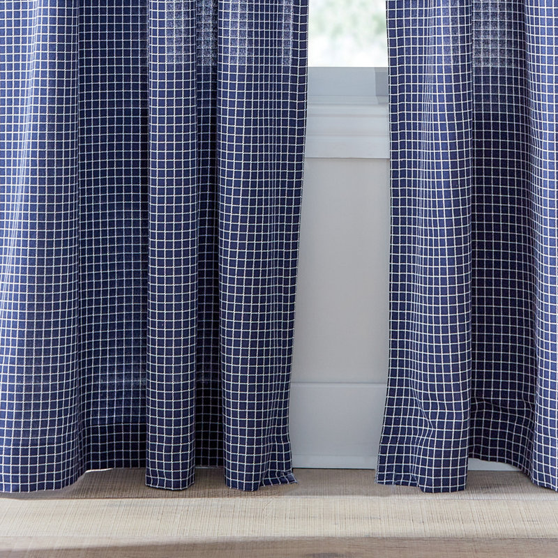 Mini Check Tabtop Light Filtering Deep Blue/White Curtain Panel Pair (Set of 2), 50" H x 108" W