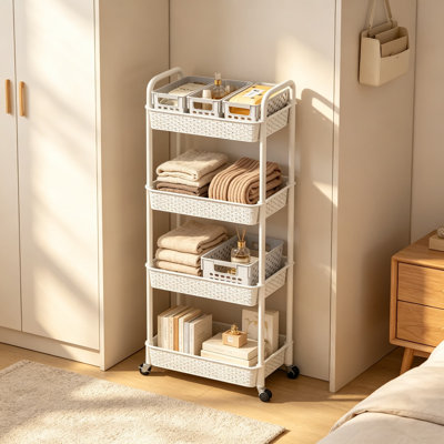 Chariot utilitaire roulant en plastique à 4 niveaux avec poignée, étagères de rangement mobiles pour cuisine, bureau, salon, buanderie, blanc