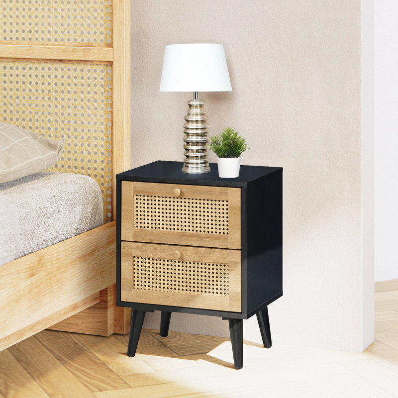 Anisjon & Rattan 2 Drawer Bedside Table, Black