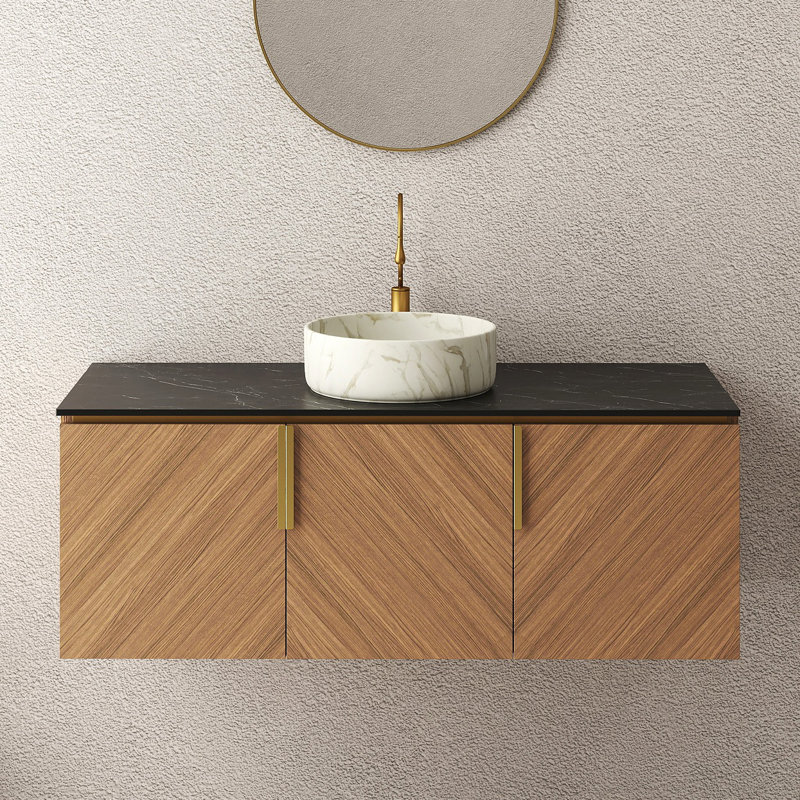 Meuble-lavabo de 48 po avec lavabo, armoire de rangement murale en contreplaqué avec 3 portes, comptoir en pierre frittée et lavabo rond en céramique à motif de pierre