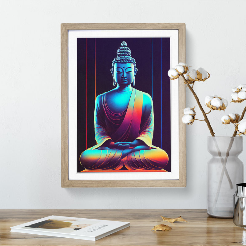 Buddha in Neon - Wall Art, 66cm H x 48cm W x 2cm D, Oak Framed, White