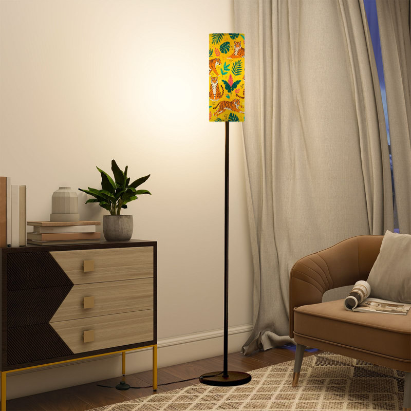 PeeNoke 68.5" Standing Floor Lamp Seamless Roaring Tigers Green Foliage Yellow Dimmable Metal Pole Lamp with Linen Lampshade LED Bulb Included