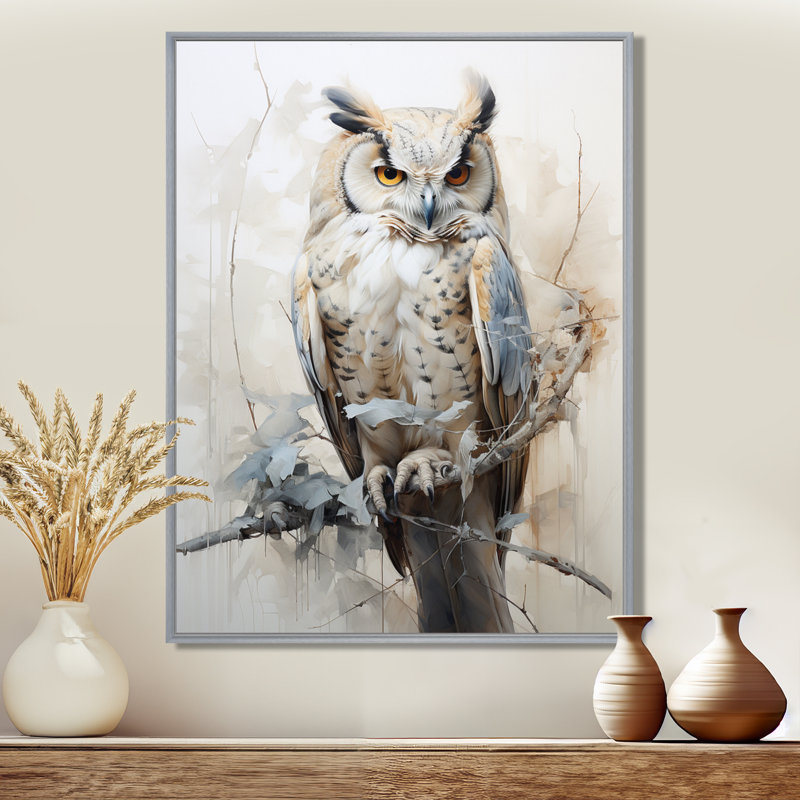 «Wise And Watchful Majestic Owl I», art mural hibou, 32" H x 16" W, Silver Floater Framed