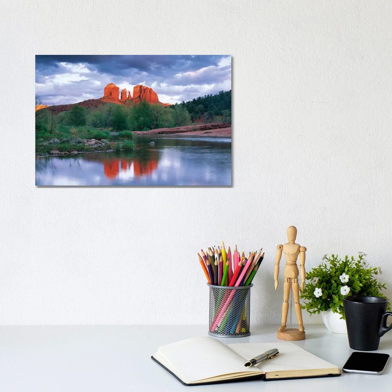Cathedral Rock Reflected In Oak Creek At Red Rock Crossing With Gathering Rain Clouds, Red Rock State Park Near Sedona, Arizona by Tim Fitzharris - Wrapped Canvas Print