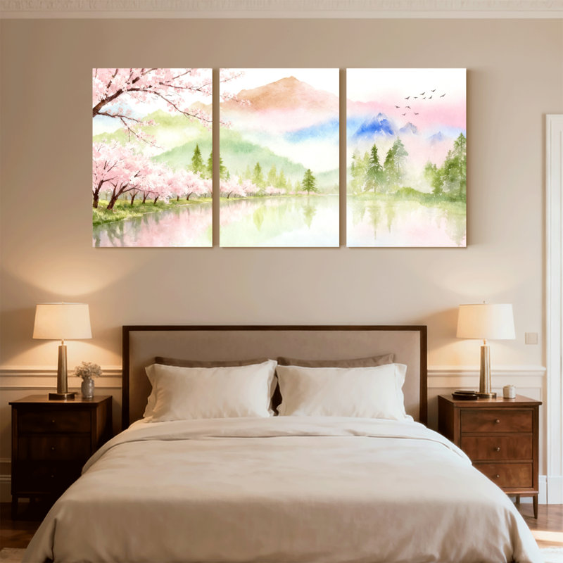 Paysage et nature Cherry Blossom Lake Mountain Reflection Spring Landscape, ensemble de 3 impressions sur toile