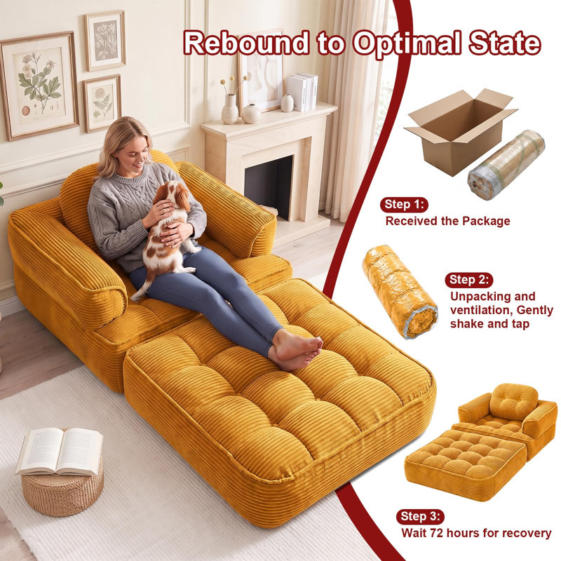 Fauteuil convertible surdimensionné en velours côtelé avec éponge à rebond élevé et coussin, Orange