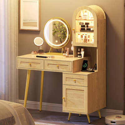 Coiffeuse moderne avec éclairage réglable à 3 couleurs et 3 tiroirs, table de maquillage arquée avec station de recharge et 3 tablettes de rangement