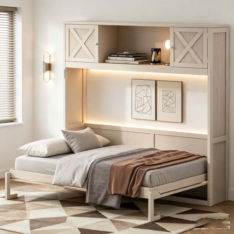 Lit escamotable avec armoires de rangement, Grand lit, Beige