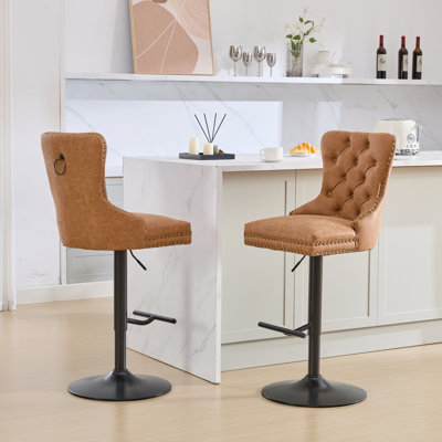Cuir PU tendance - orange avec 2 sièges réglables de 26 à 33 pouces, coussin confortable, 2 tabourets de bar modernes avec rivets martelés à la main, siège d'une hauteur de 25 à 33 pouces, stable