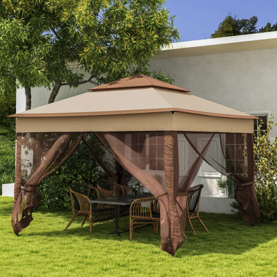 Abri escamotable 11 'X. Pavillon de jardin extérieur avec filet amovible. Tente instantanée pour le plaisir du patio. Kaki. Fabrication stable en métal double. Amusez-vous à l'extérieur dans la cour détachable.