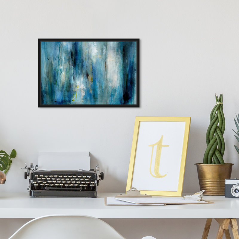 Abstrait bleu abondant / pluie blanche - Impression sur toile, Cadre flottant noir, H 10 po x l 15 po