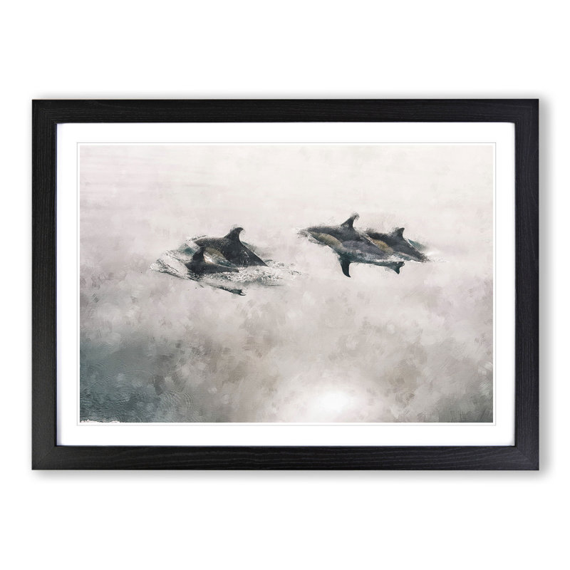 Swimming Dolphins - Picture Frame Painting, 27cm H x 36cm W x 2cm D, Black Framed