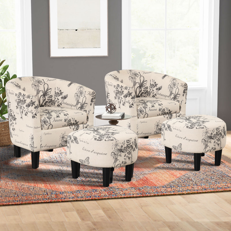 66 cm Wide Modern Barrel Chair with Upholstered Ottoman, White Linen