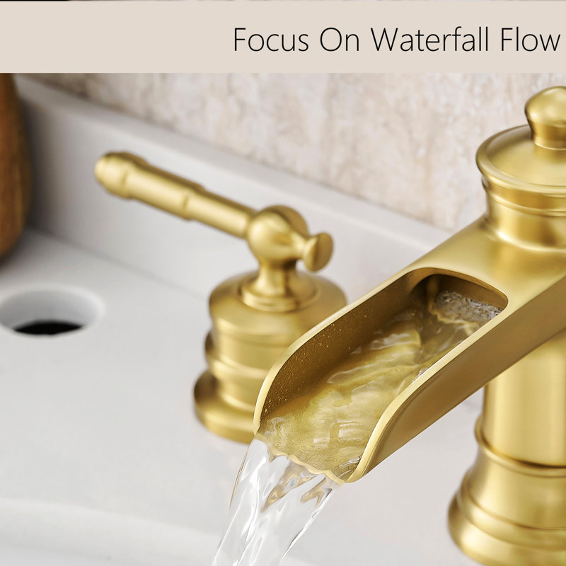 8 Inch Widespread Basin Mixer Tap In Brushed Gold, Bathroom Sink Faucet With Pop Up Drain, 3 Hole, Double Lever Handle, Ceramic Cartridge, Side , Deck-Mounted Widespread, Hole Installation