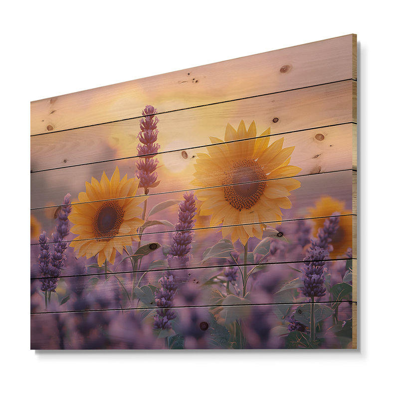 Tournesols dans un champ de lavande - Art mural en bois tournesols - sur bois de pin naturel, H 10 po x l 20 po x P 0,78 po