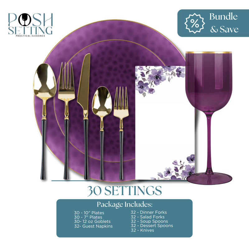 Ensemble de fête jetable en plastique mauve - martelé biologique (30 réglages)