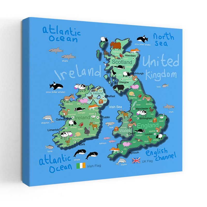 British Isles Animal Map Abstract Contemporary Landscape Nature Wall Art Print 1 Piece Wrapped Canvas Wall Art