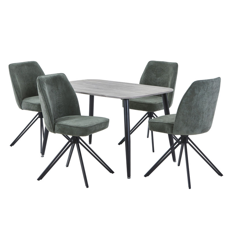 Aspen Rectangular Dining Table with 4 Swivel Upholstered Fabric Chairs - Modern Dining Set, Grey Oak, Green