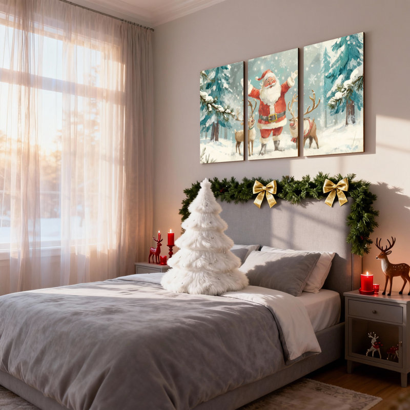 Père Noël de Noël avec renne dans la forêt enneigée, ensemble de 3 impressions sur toile, H 18 po x l 36 po