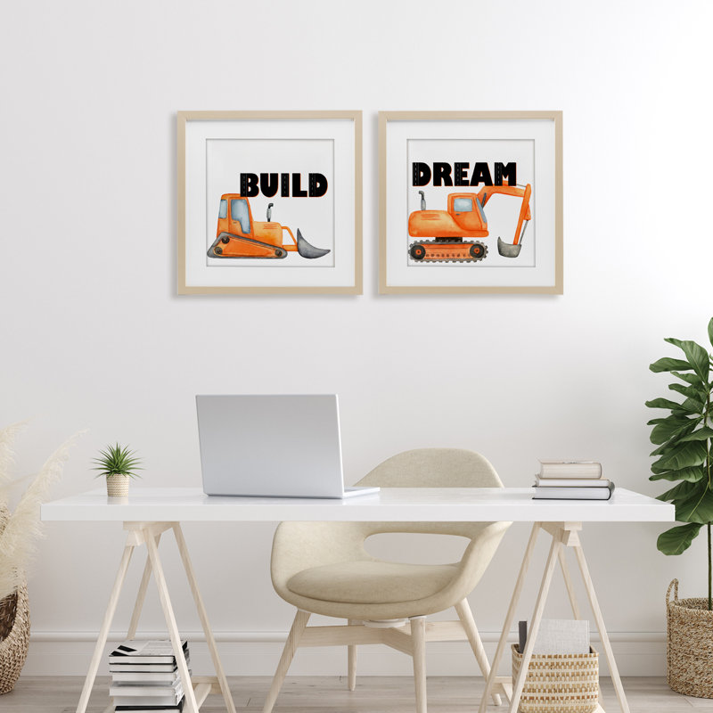 Ensemble de 2 véhicules à construction sous-marine «Build & Dream», par Kim Allen, Cadre de récolte en pin, H 16 po x l 16 po