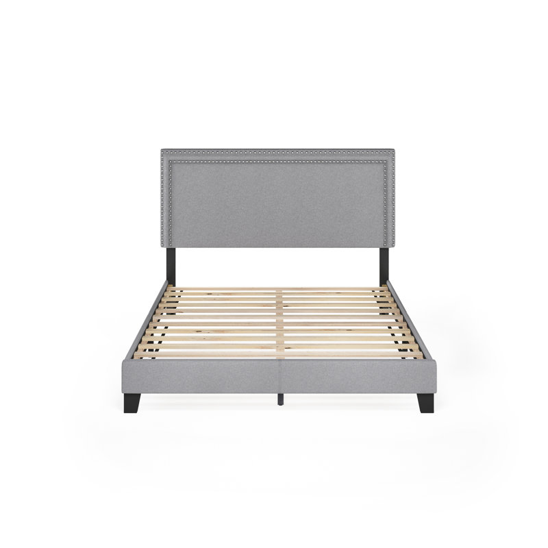 Lit plateforme tapissier à profil bas Carlester, Grand, Glacier, 100% polyester