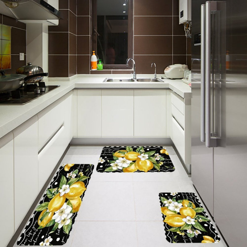 Ensemble de 3 tapis de cuisine citations florales noires sur fond noir