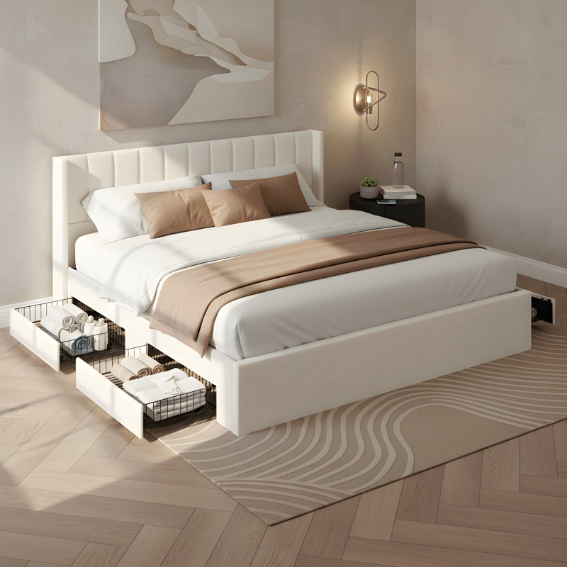Large-Capacity Upholstered Storage Bed With Drawers,Beige,King