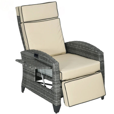 Outdoor Reclining Lounge Chair With Pop-Out Tray And Soft Cushions For Patio Relaxation