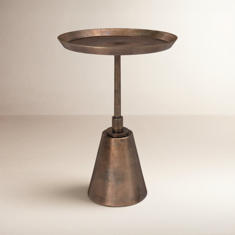 Leah Ferri Round Aluminum Oil Brass Finished Pedestal Base End Table, 18" H x 14" W x 14" D