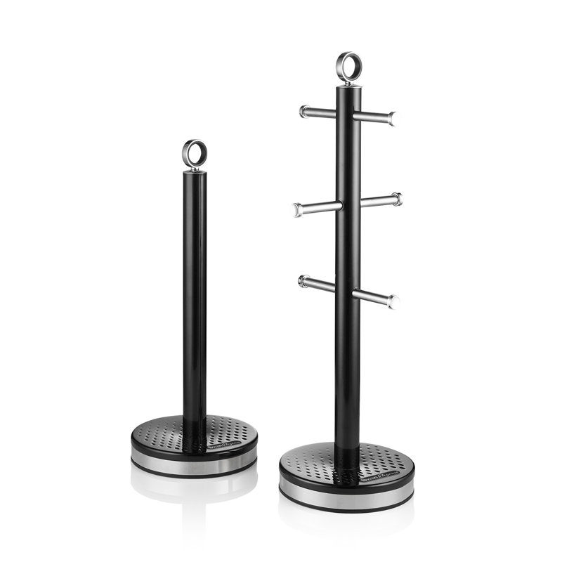 SWAN Elegance Towel Pole and 6 Cup Mug Tree Set with Textured Gloss Finish, Stainless Steel Accents and Non-Slip Bases, Black