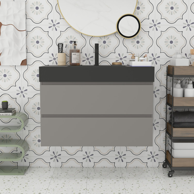 Meuble-lavabo moderne avec lavabo, Gris, Noir
