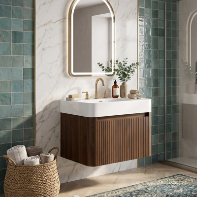 Meuble-lavabo mural moderne de 24"/30"/36"/48" avec lavabo, armoire en chêne/noyer et comptoir blanc brillant/beige crème chaud