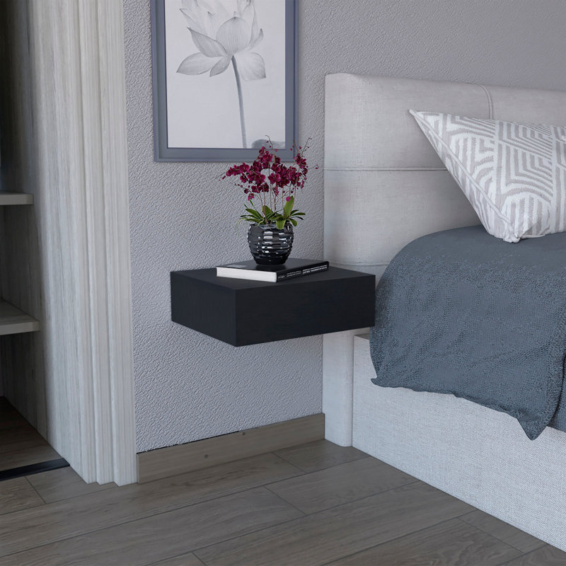 Milano Floating Nightstand , End Table, Side Table Wall-Mounted With Drawer -Black -Bedroom, Particle Board, Black