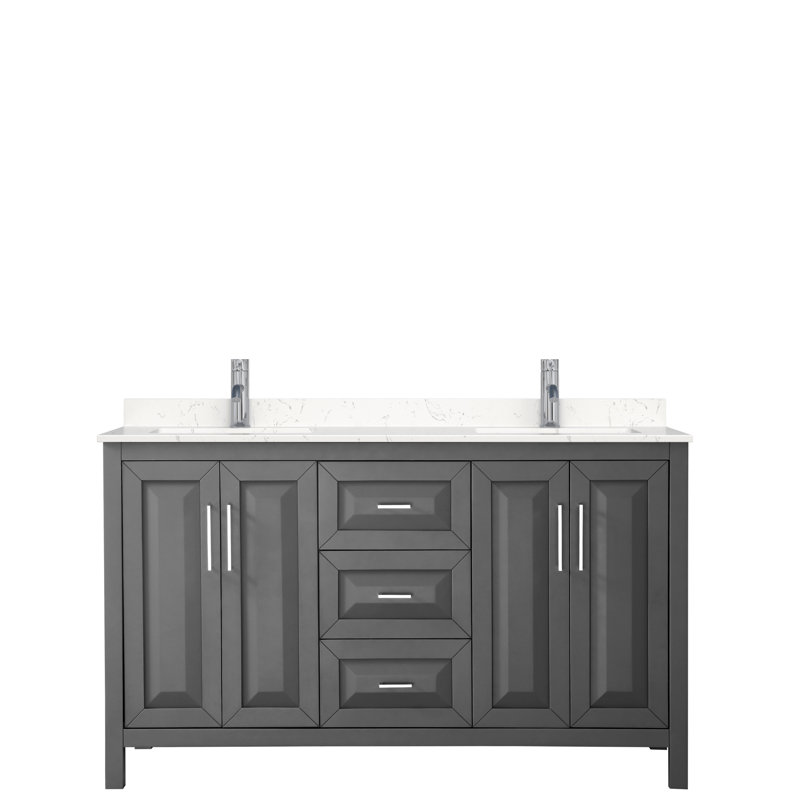 Ensemble de meuble-lavabo double 60 po Daria, Marbre de culture de Carrare, Gris foncé, Chrome poli