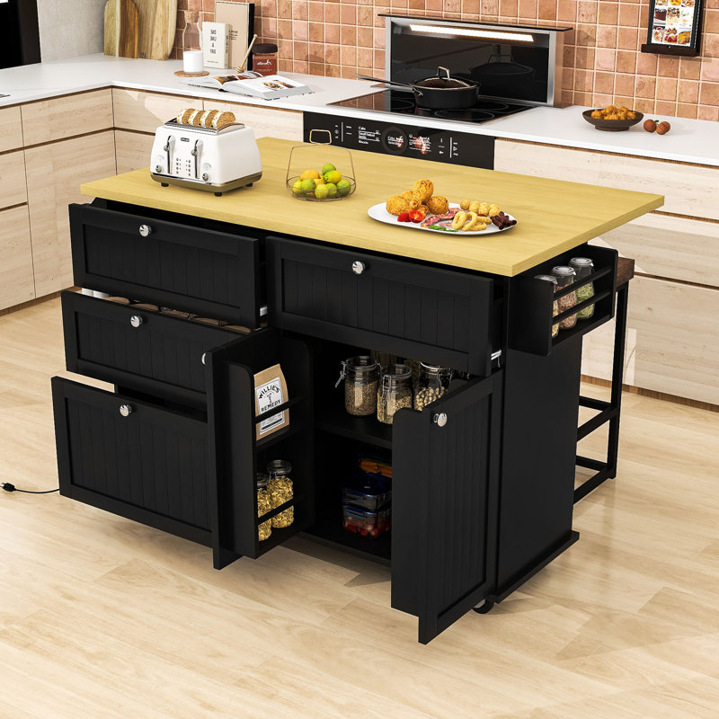 Rijwana 4 Drawers Kitchen Island Set With Drop Leaf And 2 Seatings, Black