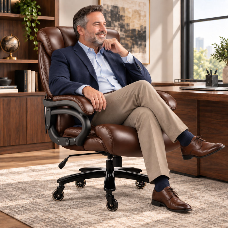 Fauteuil de bureau de direction grande taille avec soutien lombaire réglable et assise extra-large, Brun