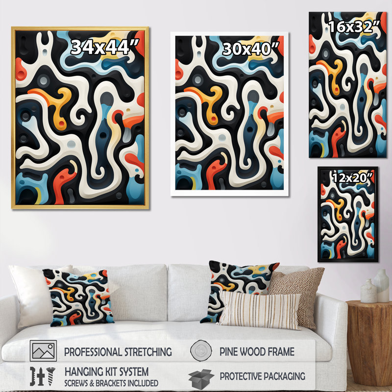 Multicolor Labyrinth Fusion - Abstract Shapes Wall Decor, Black Single Picture Framed, 32" H x 16" W x 1" D